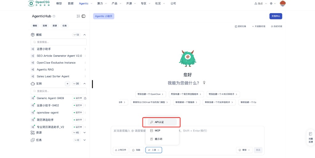 AgenticHub 界面导览:工具菜单与 API 认证