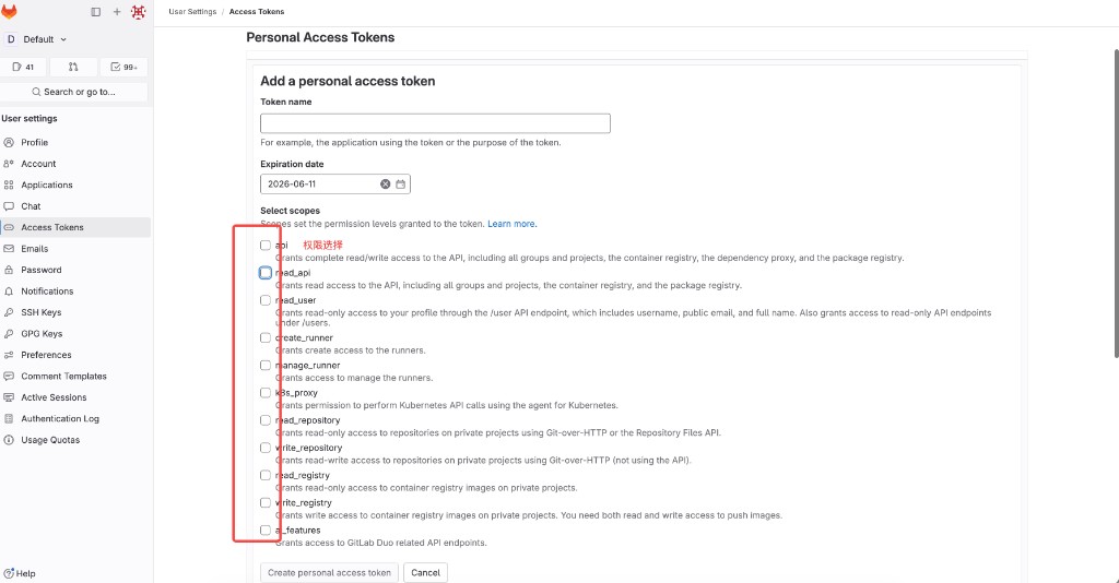 GitLab:选择 scopes(示例为 read_api)