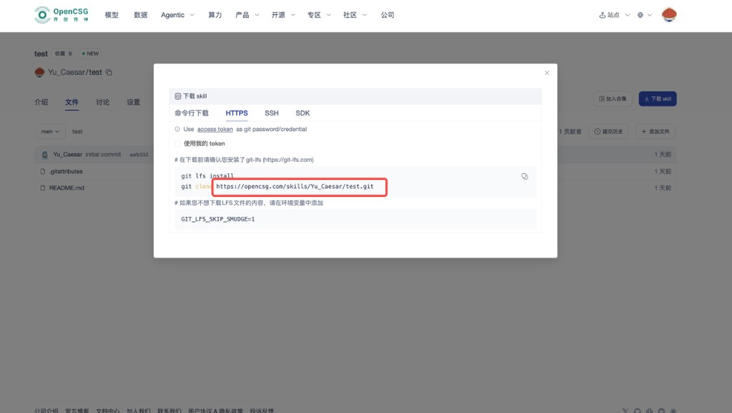 Download skill dialog: HTTPS tab and example git clone command